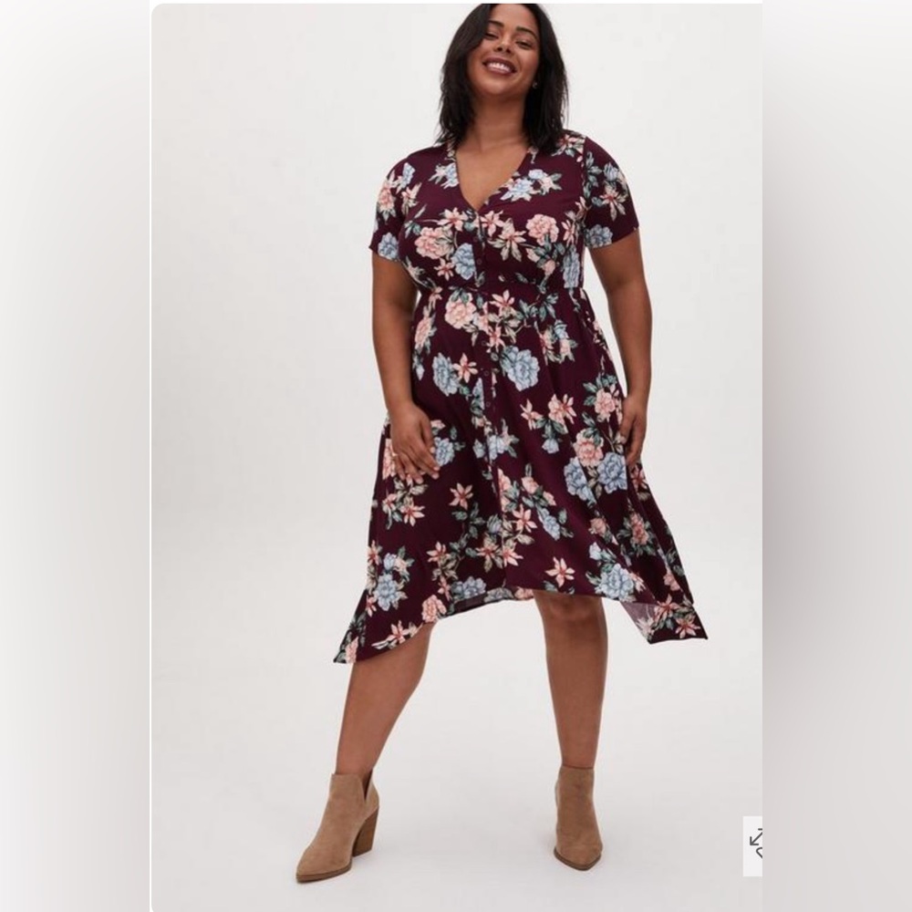 Torrid Midi Challis Floral Boho Plus Size Button Front Shirt Dress